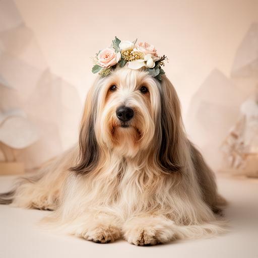 季節の飾りをつけた長毛犬が淡い背景の前で伏せる投稿写真