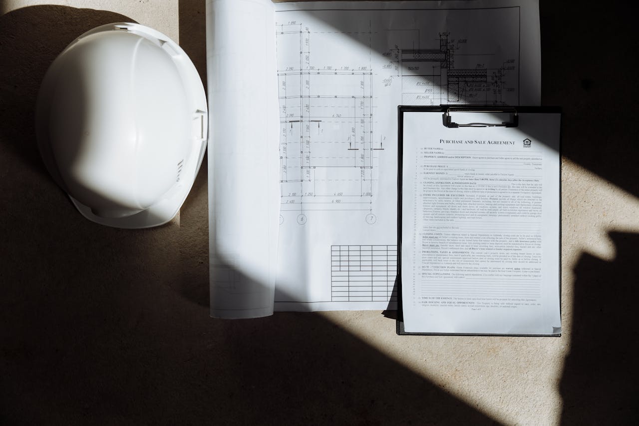 home-hero-bg Top view of construction documents and hard hat in sunlight, capturing planning essence.